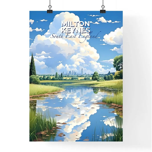 Milton Keynes, South East England, A Poster of a river with grass and trees and a city in the background Default Title