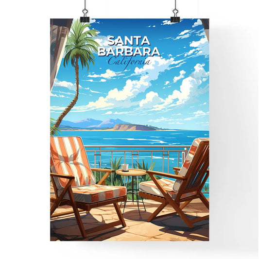 Santa Barbara, California, A Poster of a balcony with chairs and a table overlooking the ocean Default Title