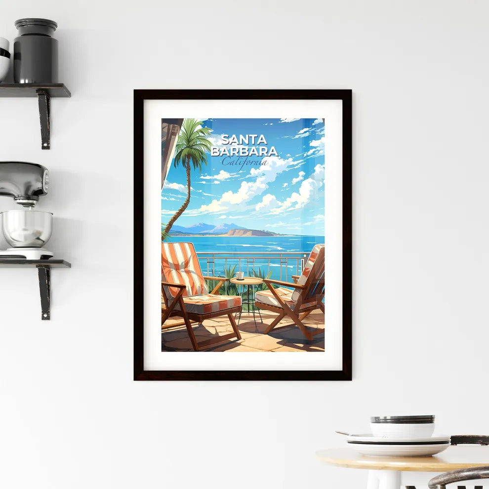 Santa Barbara, California, A Poster of a balcony with chairs and a table overlooking the ocean Default Title