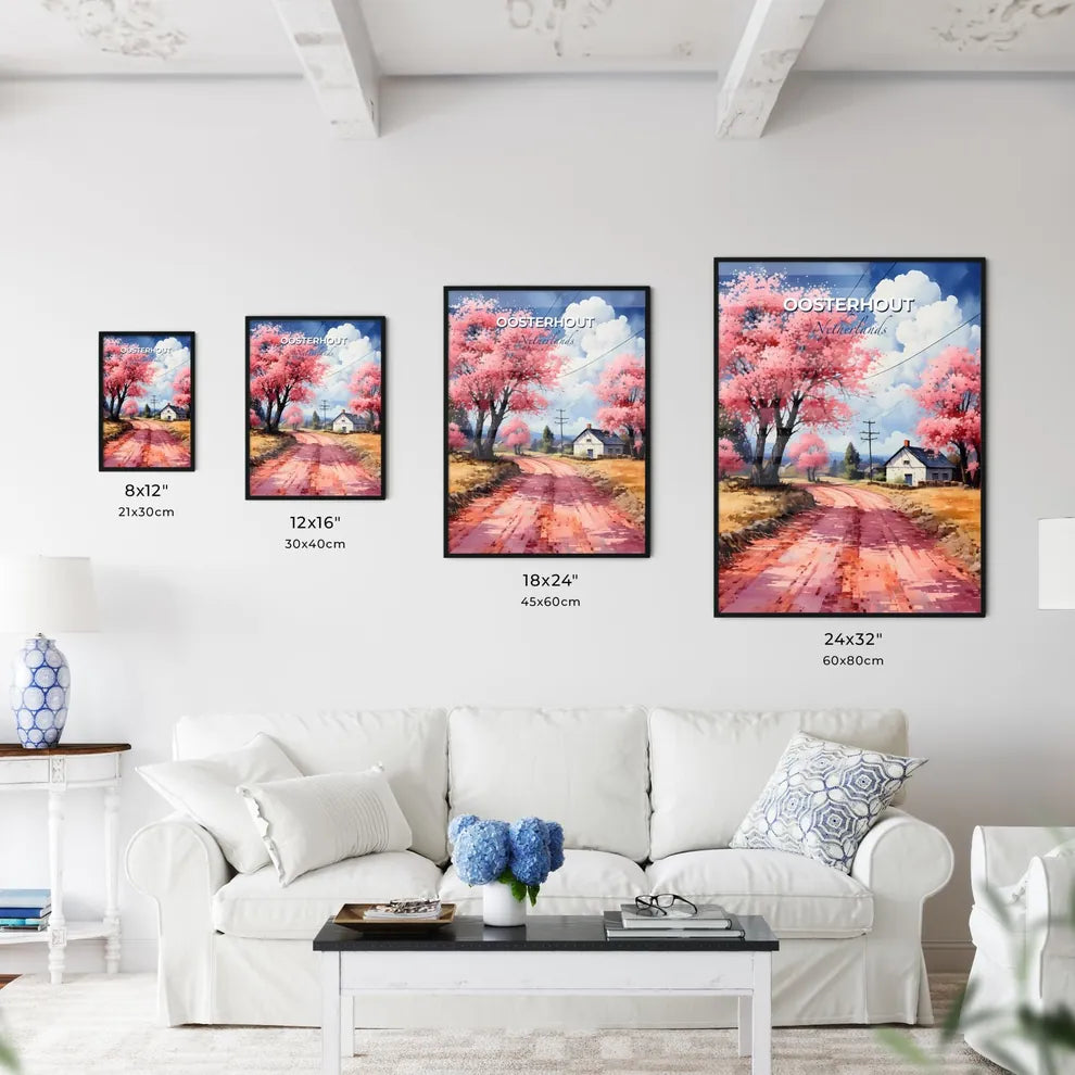Oosterhout, Netherlands, A Poster of a road with pink trees and a house Default Title