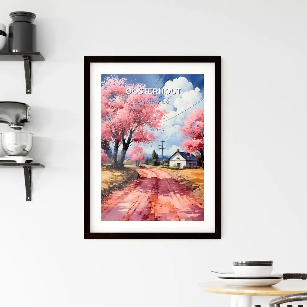 Oosterhout, Netherlands, A Poster of a road with pink trees and a house Default Title