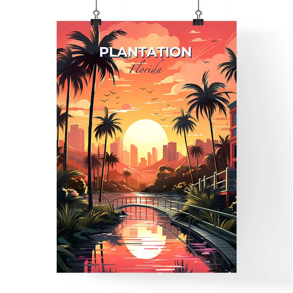 Plantation, Florida, A Poster of a sunset over a river with palm trees Default Title