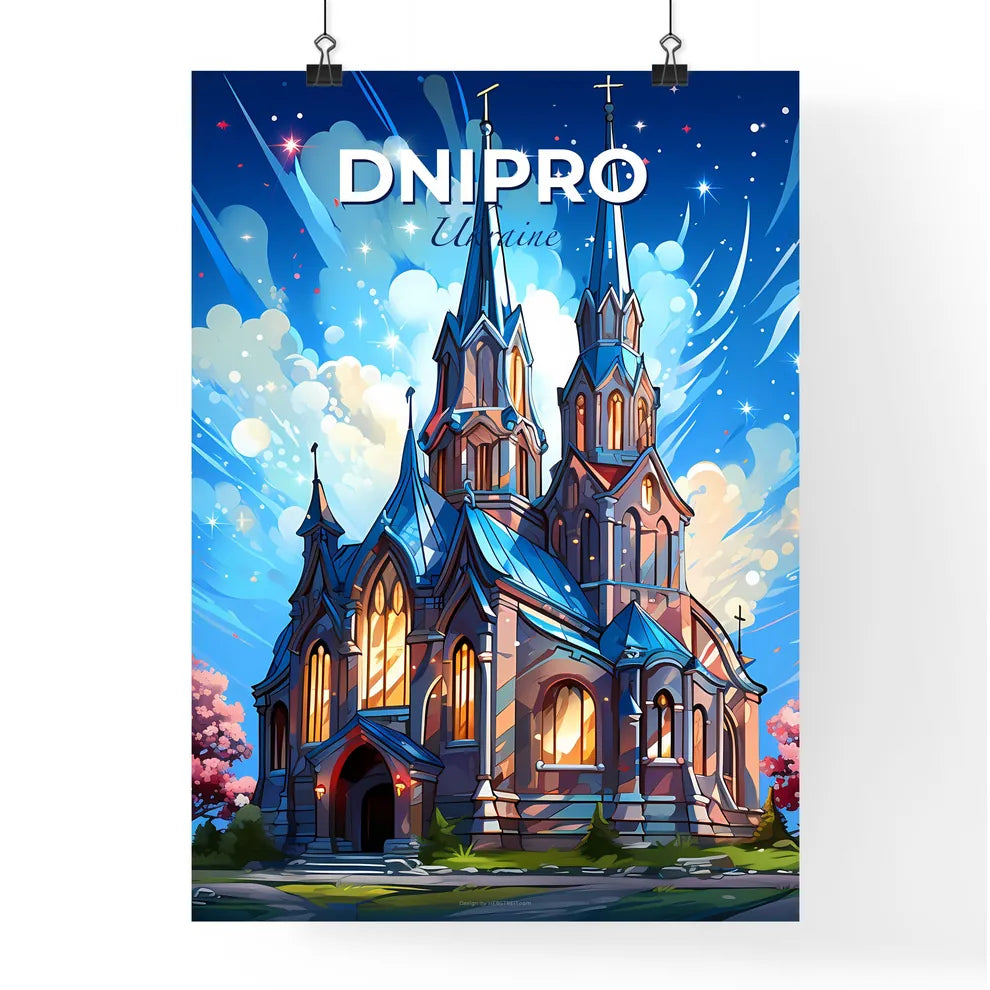 Dnipro, Ukraine, A Poster of a cartoon of a building with a tower and trees Default Title