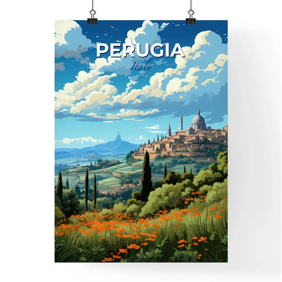 Perugia, Italy, A Poster of a landscape with a city and trees Default Title