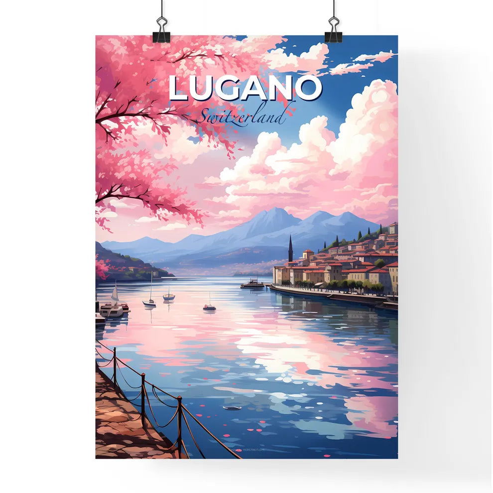 Lugano, Switzerland, A Poster of a water with boats and buildings on it Default Title