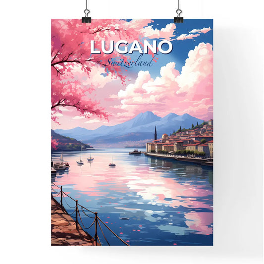 Lugano, Switzerland, A Poster of a water with boats and buildings on it Default Title