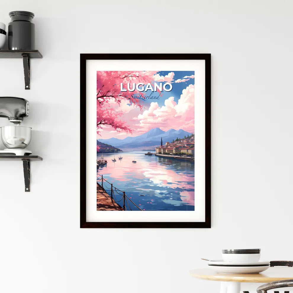 Lugano, Switzerland, A Poster of a water with boats and buildings on it Default Title