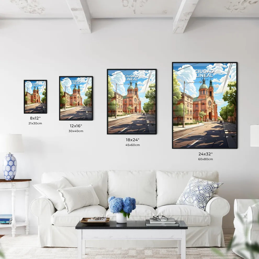 Ciudad Lineal, Spain, A Poster of a street with a building and trees Default Title