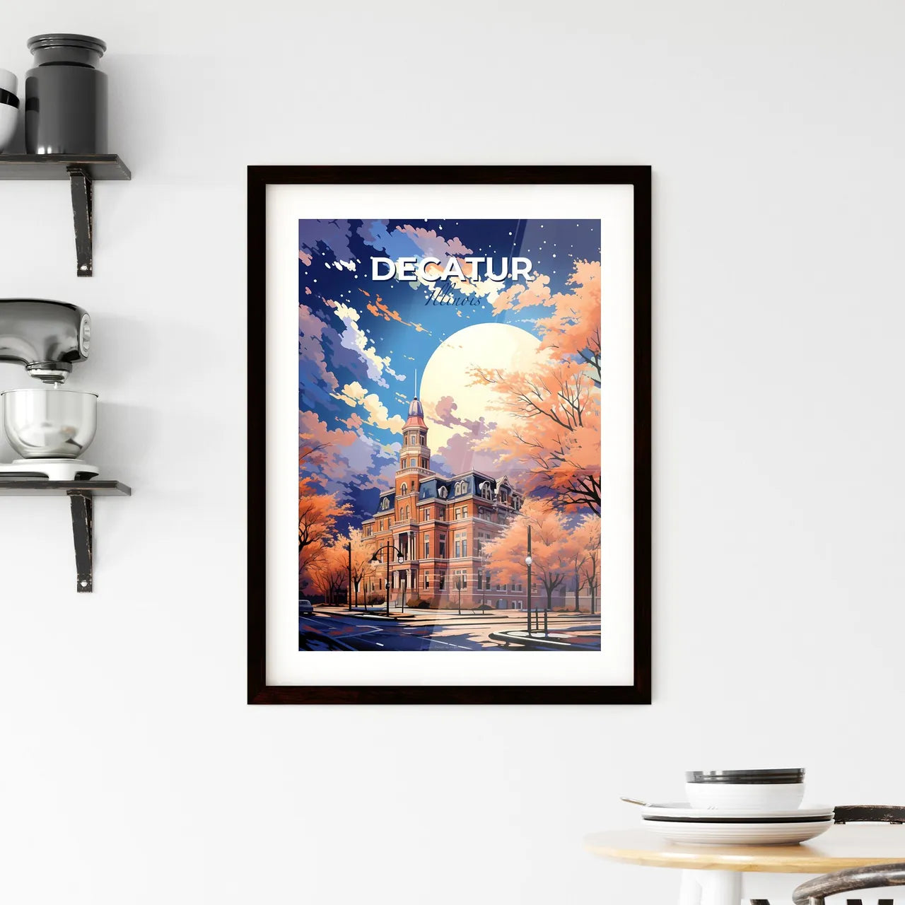 Decatur, Illinois, A Poster of a large building with trees and a moon Default Title