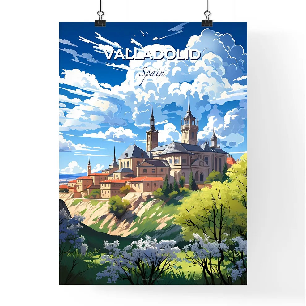 Valladolid, Spain, A Poster of a building on a hill with trees and a cloudy sky Default Title