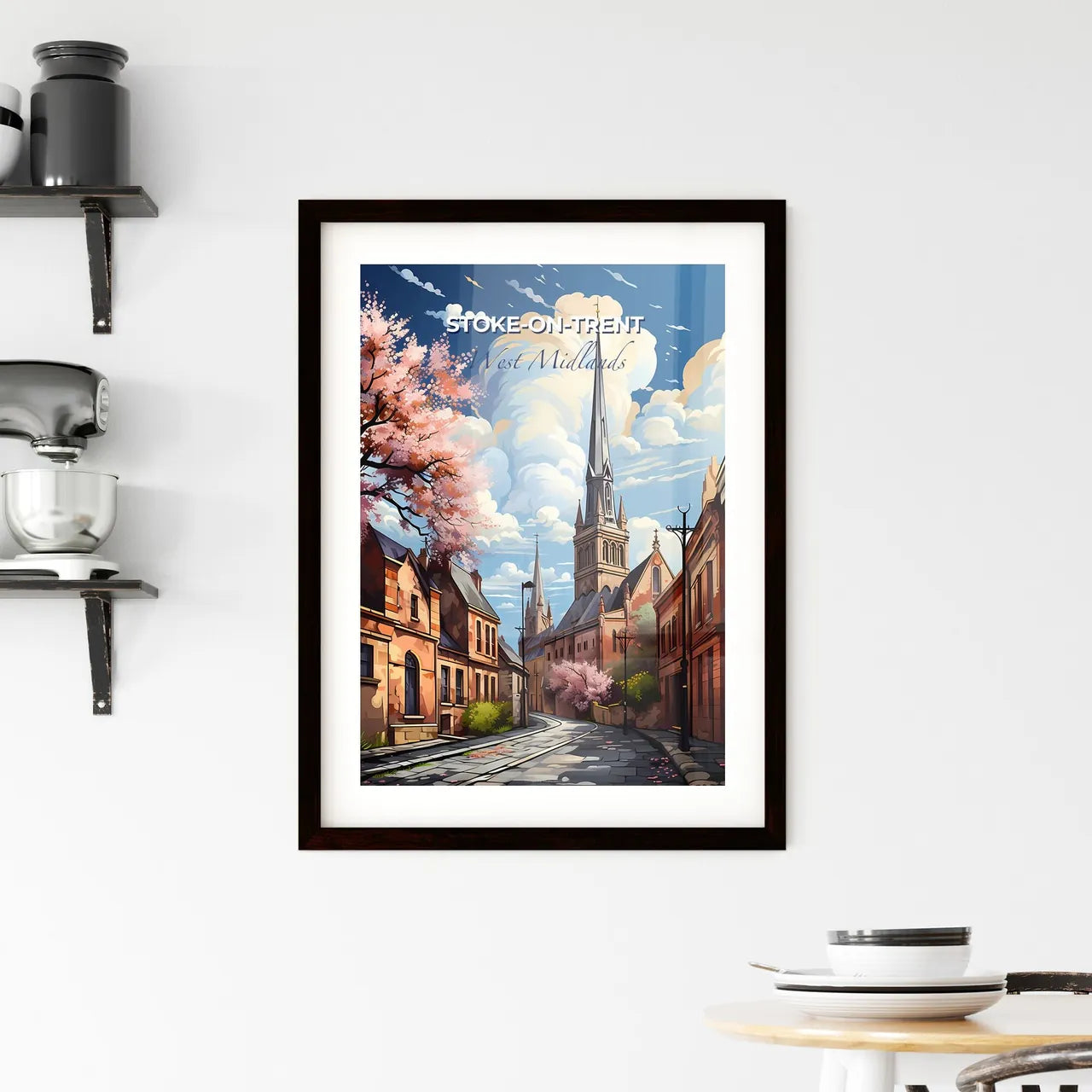 Stoke-On-Trent, West Midlands, A Poster of a street with a church tower and buildings Default Title