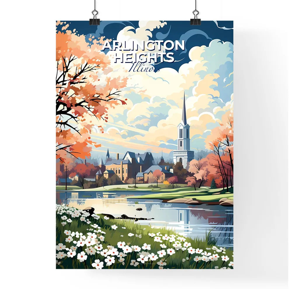 Arlington Heights, Illinois, A Poster of a landscape of a lake with a church and trees Default Title