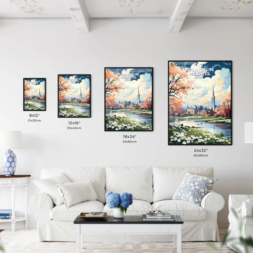 Arlington Heights, Illinois, A Poster of a landscape of a lake with a church and trees Default Title