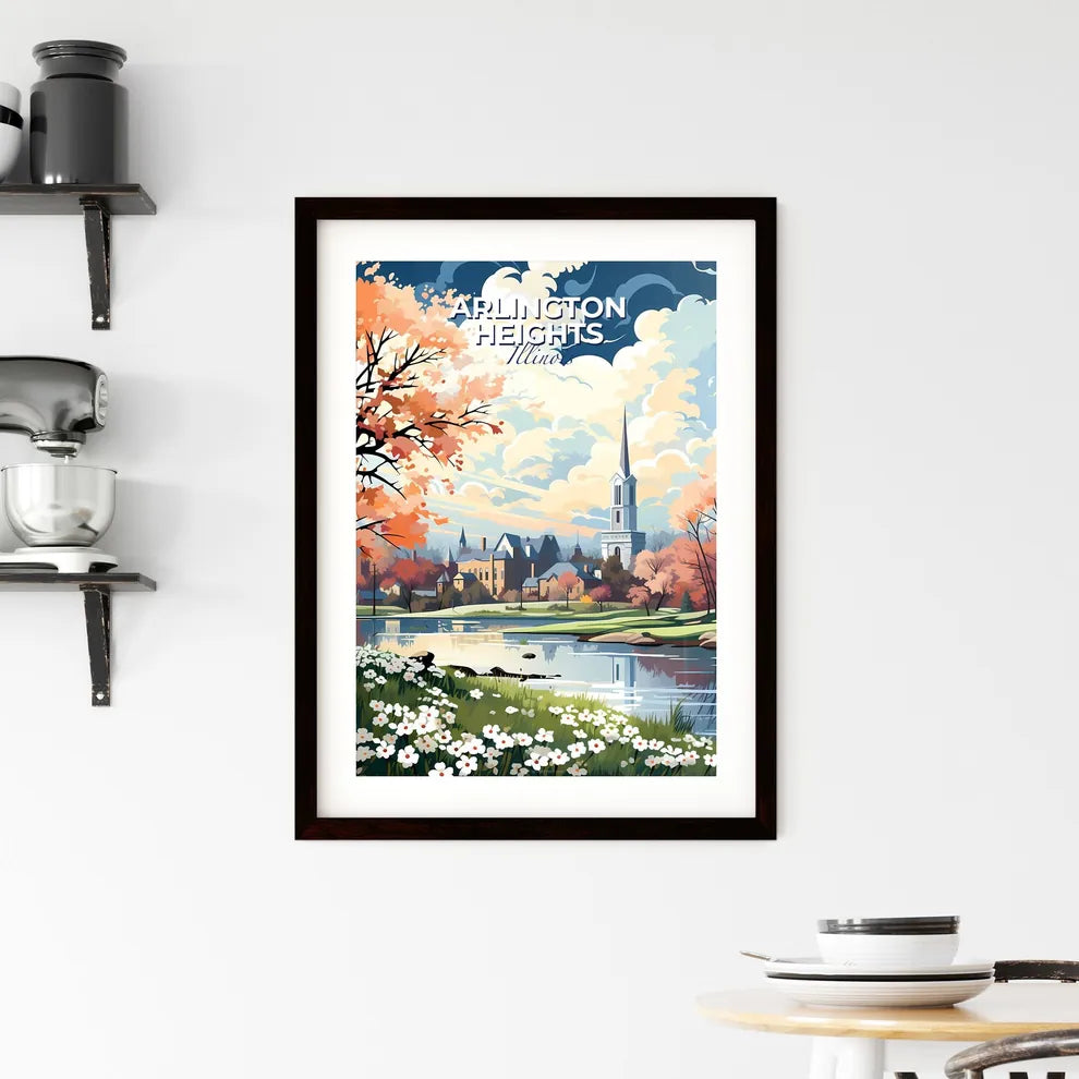Arlington Heights, Illinois, A Poster of a landscape of a lake with a church and trees Default Title