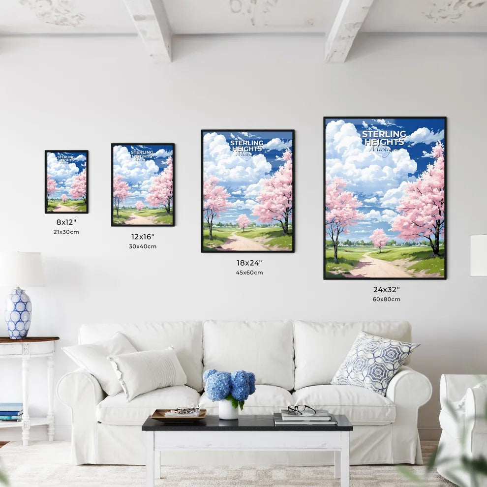 Sterling Heights, Michigan, A Poster of a landscape with pink trees and a dirt road Default Title