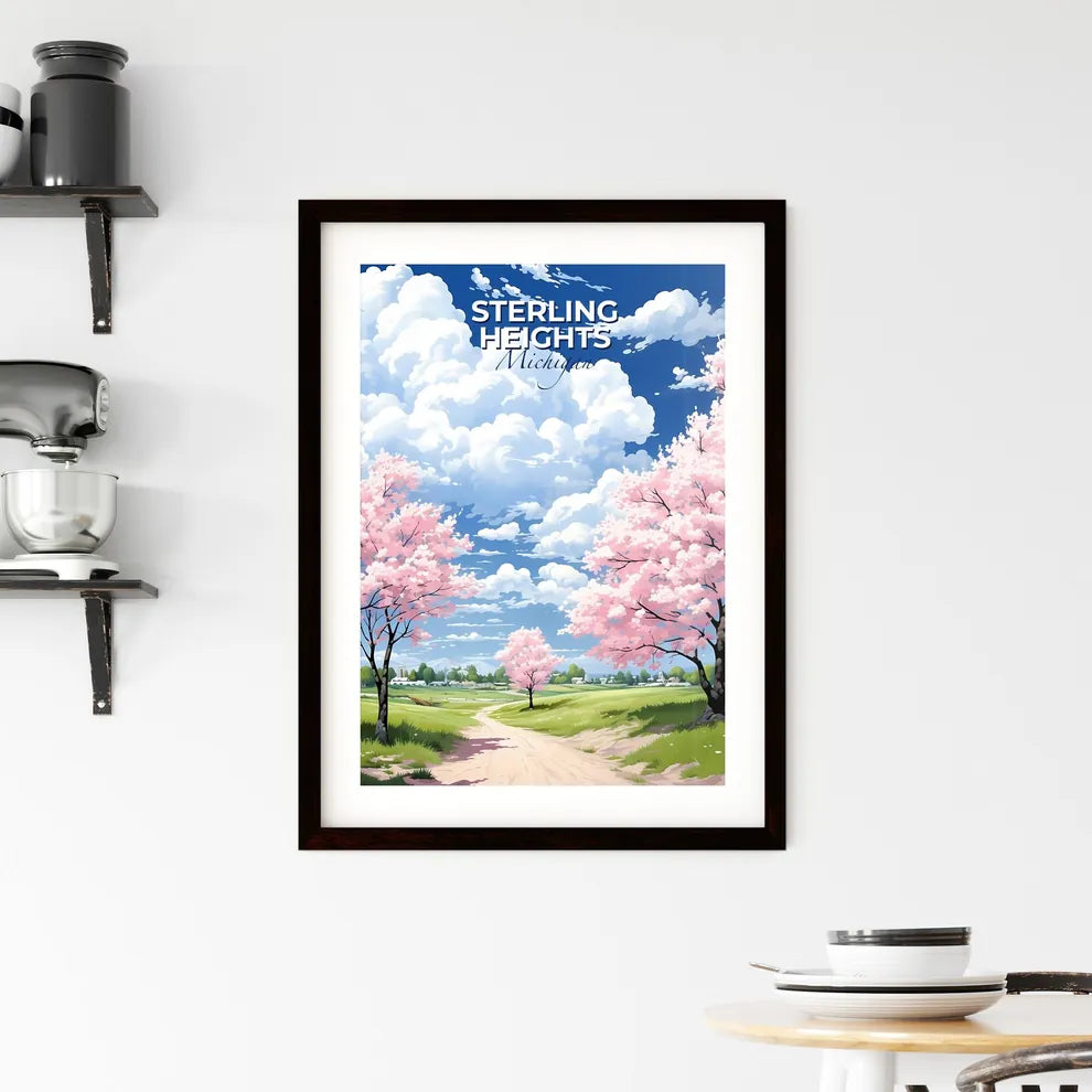 Sterling Heights, Michigan, A Poster of a landscape with pink trees and a dirt road Default Title