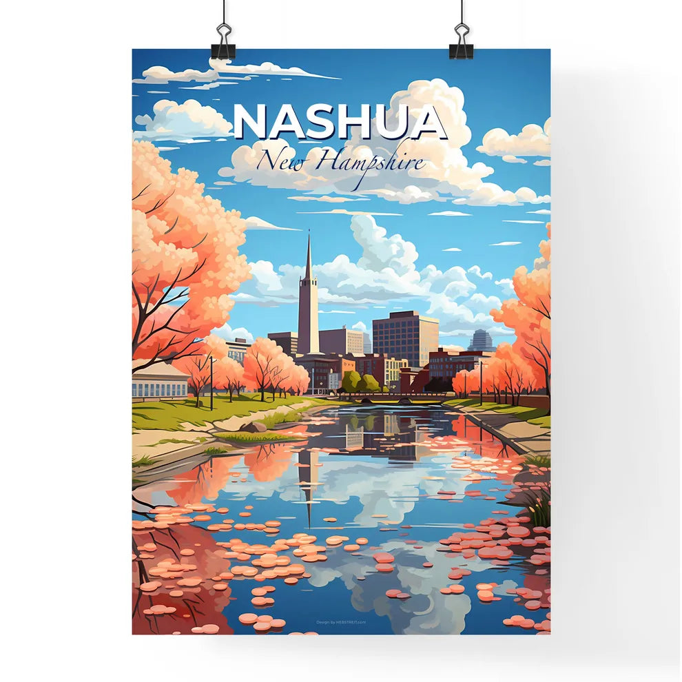 Nashua, New Hampshire, A Poster of a water body with pink trees and buildings in the background Default Title