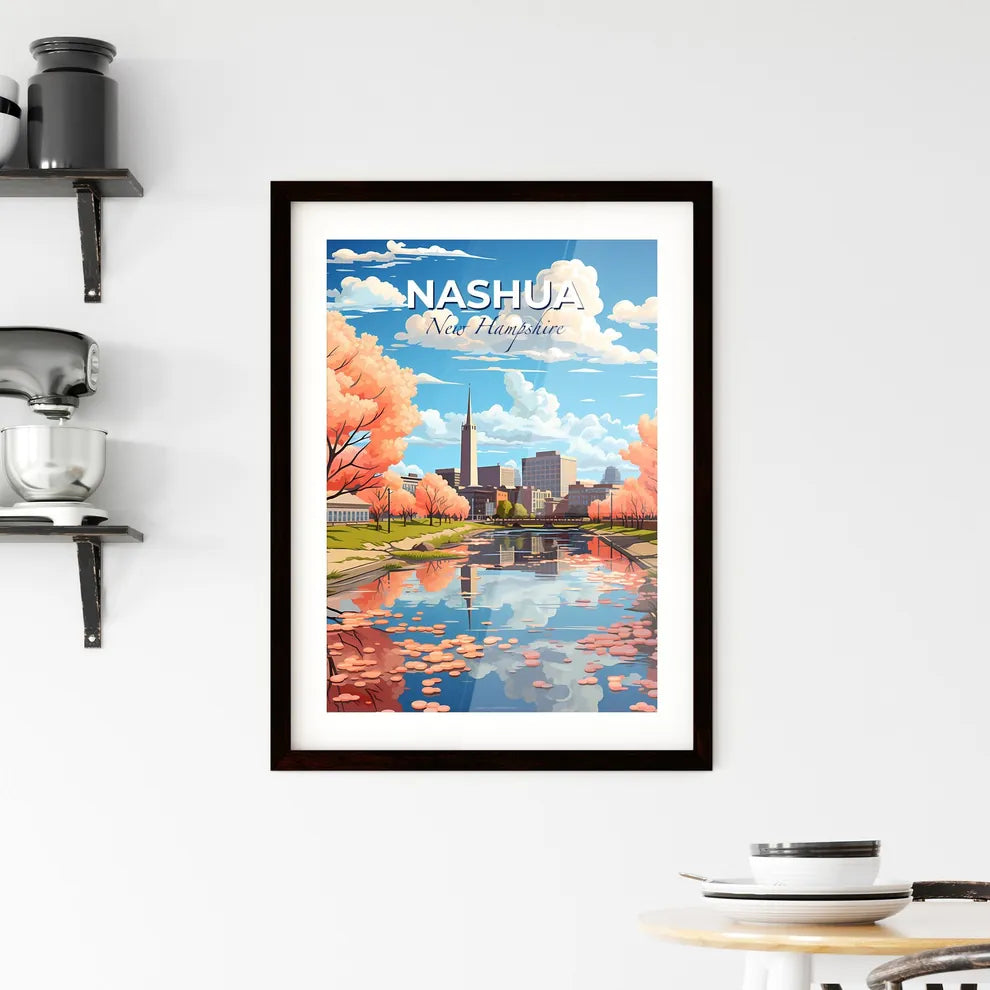 Nashua, New Hampshire, A Poster of a water body with pink trees and buildings in the background Default Title