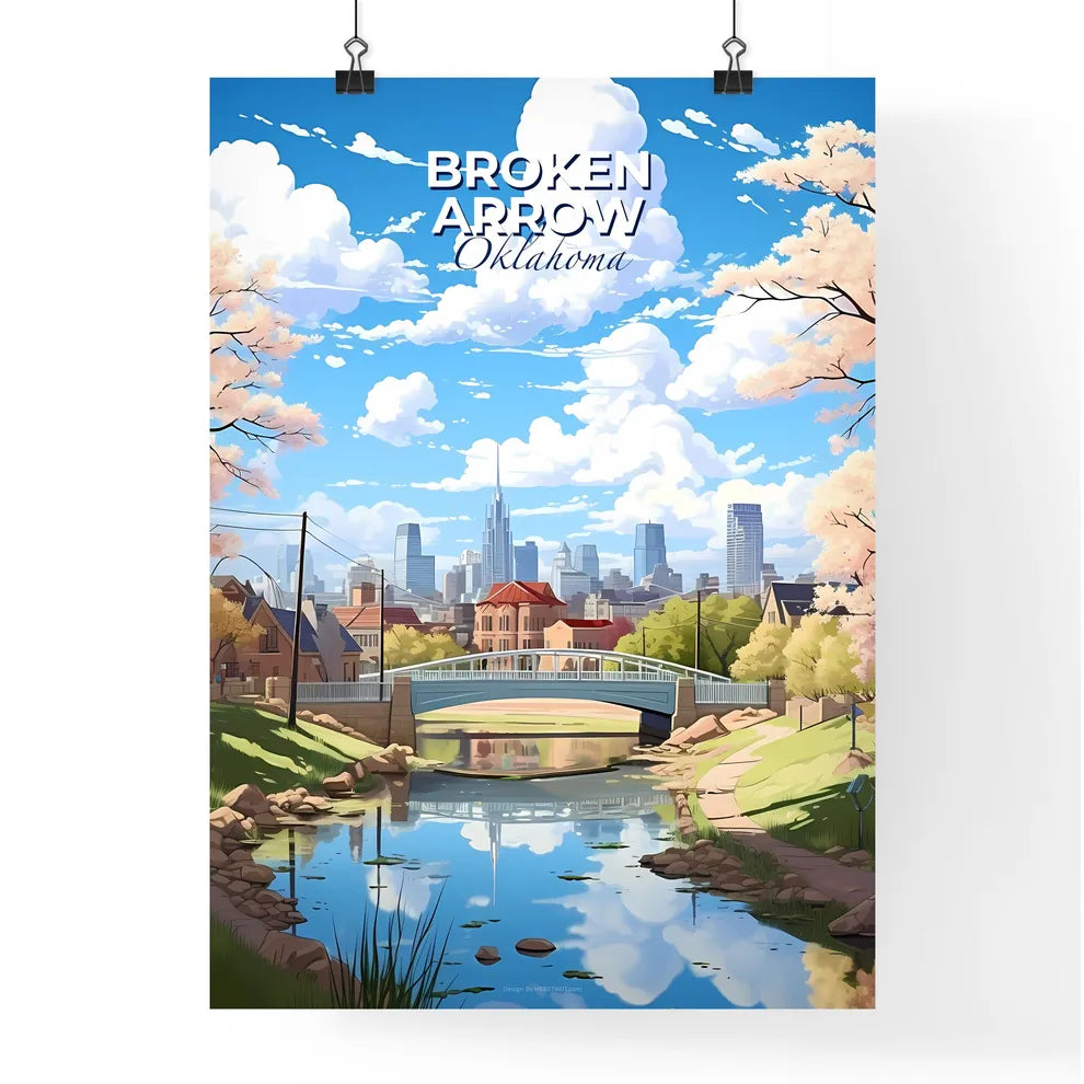 Broken Arrow, Oklahoma, A Poster of a bridge over a river with trees and a city in the background Default Title