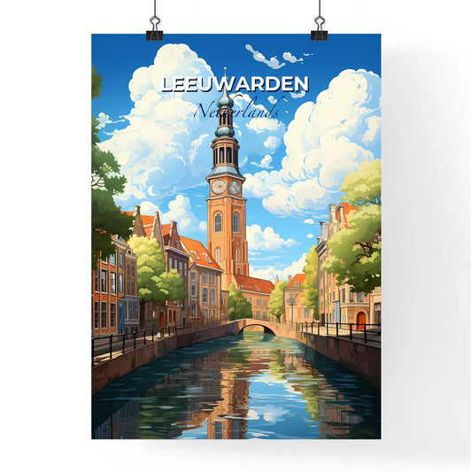 Leeuwarden, Netherlands, A Poster of a water canal with a clock tower and trees Default Title