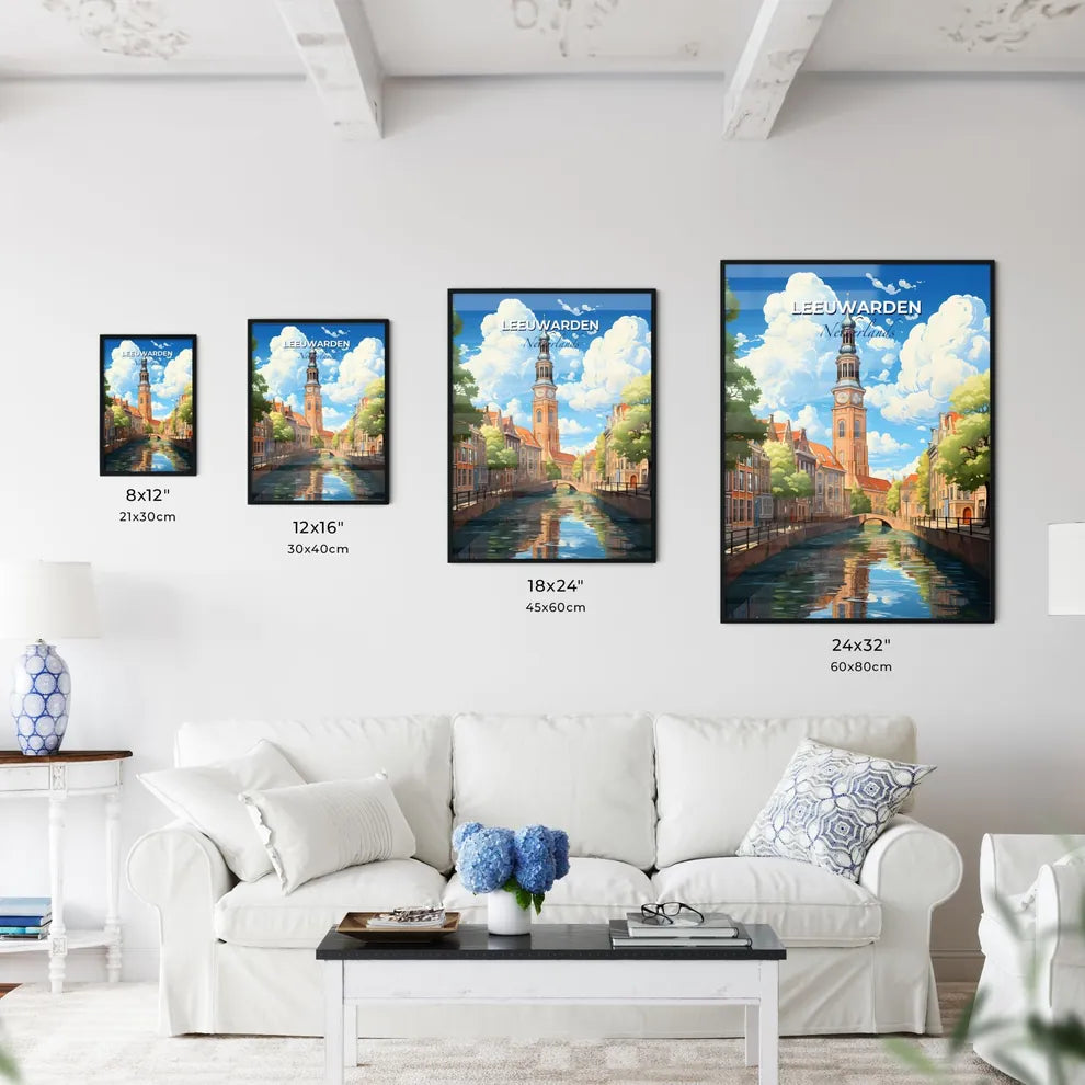 Leeuwarden, Netherlands, A Poster of a water canal with a clock tower and trees Default Title