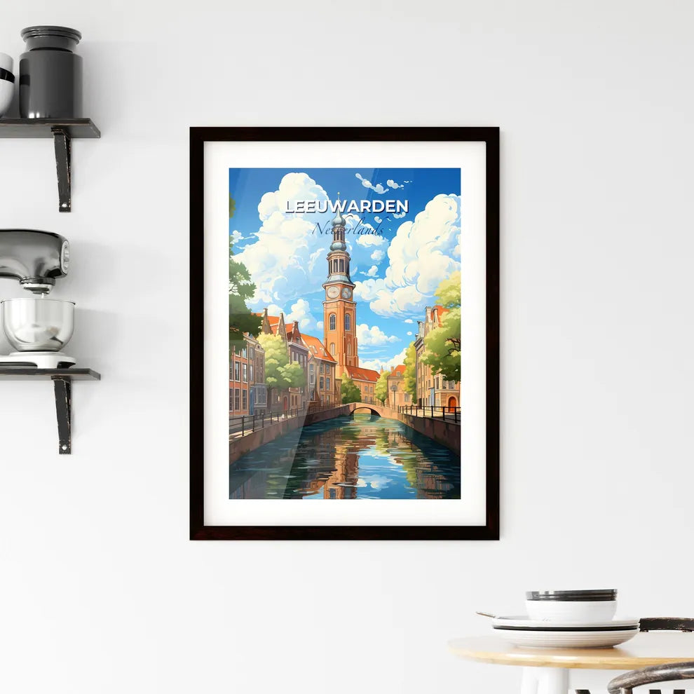 Leeuwarden, Netherlands, A Poster of a water canal with a clock tower and trees Default Title