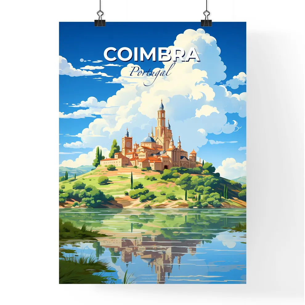 Coimbra, Portugal, A Poster of a castle on a hill with trees and a body of water Default Title