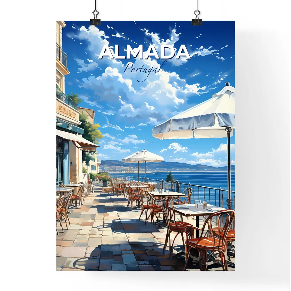 Almada, Portugal, A Poster of a restaurant with tables and umbrellas on a sidewalk Default Title