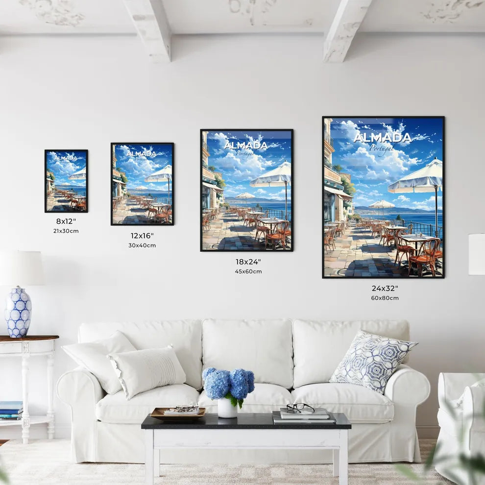 Almada, Portugal, A Poster of a restaurant with tables and umbrellas on a sidewalk Default Title