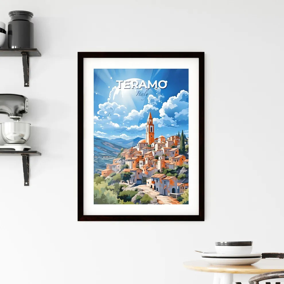 Teramo, Italy, A Poster of a painting of a town with a tower and trees Default Title
