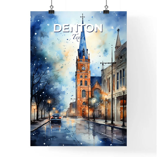 Denton, Texas, A Poster of a watercolor painting of a church on a street Default Title