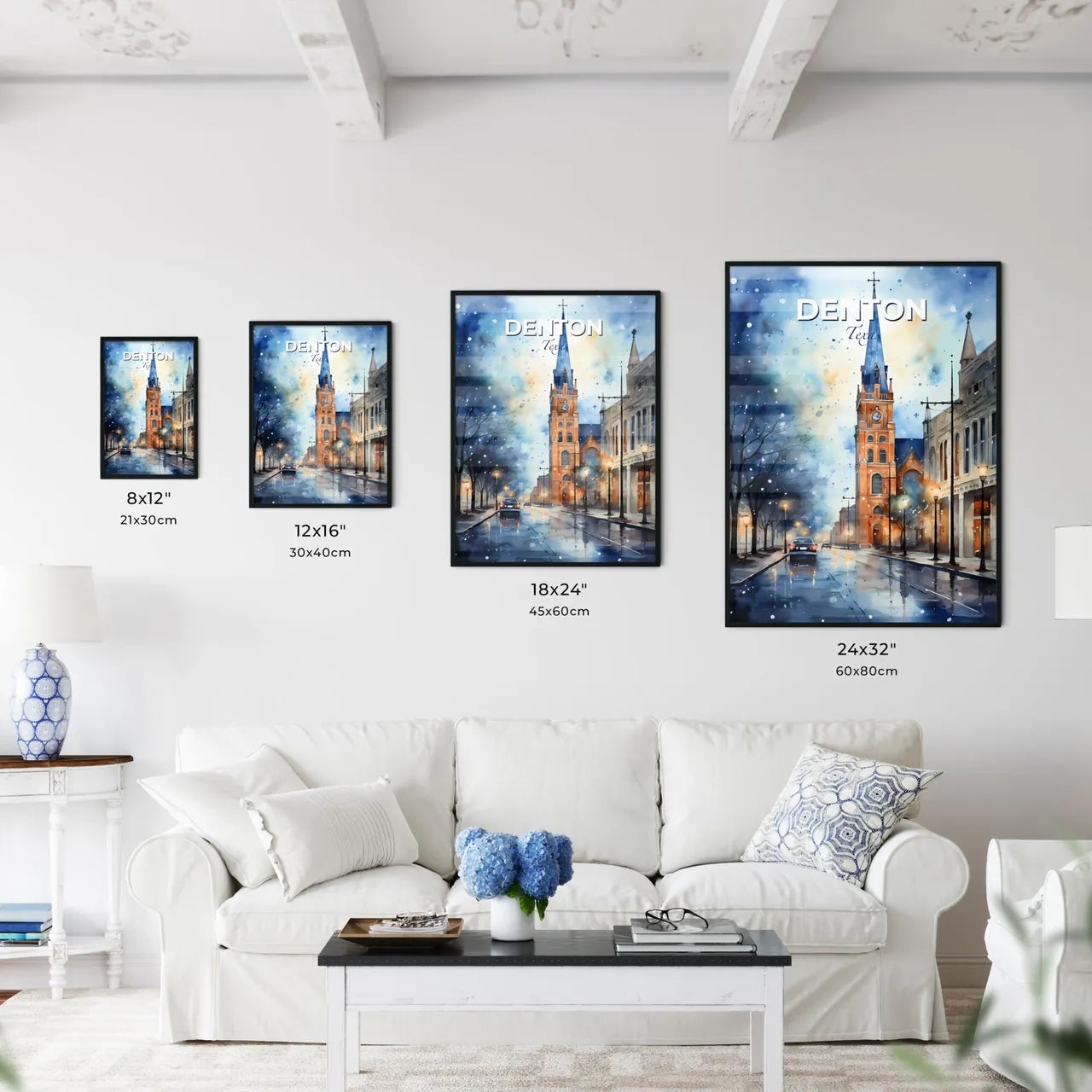 Denton, Texas, A Poster of a watercolor painting of a church on a street Default Title