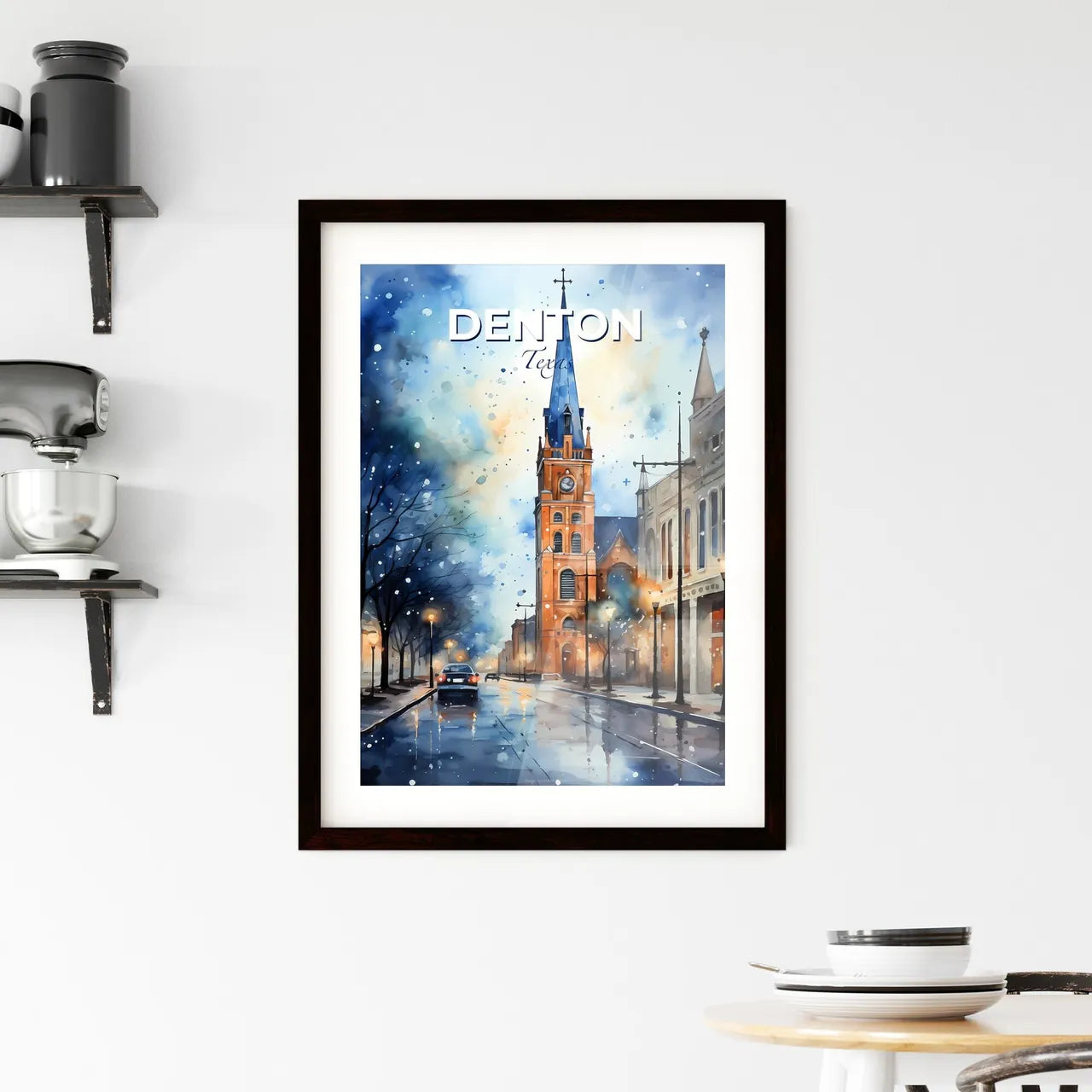 Denton, Texas, A Poster of a watercolor painting of a church on a street Default Title