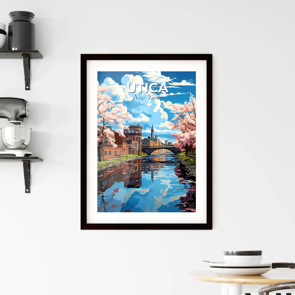 Utica, New York, A Poster of a river with pink trees and buildings Default Title