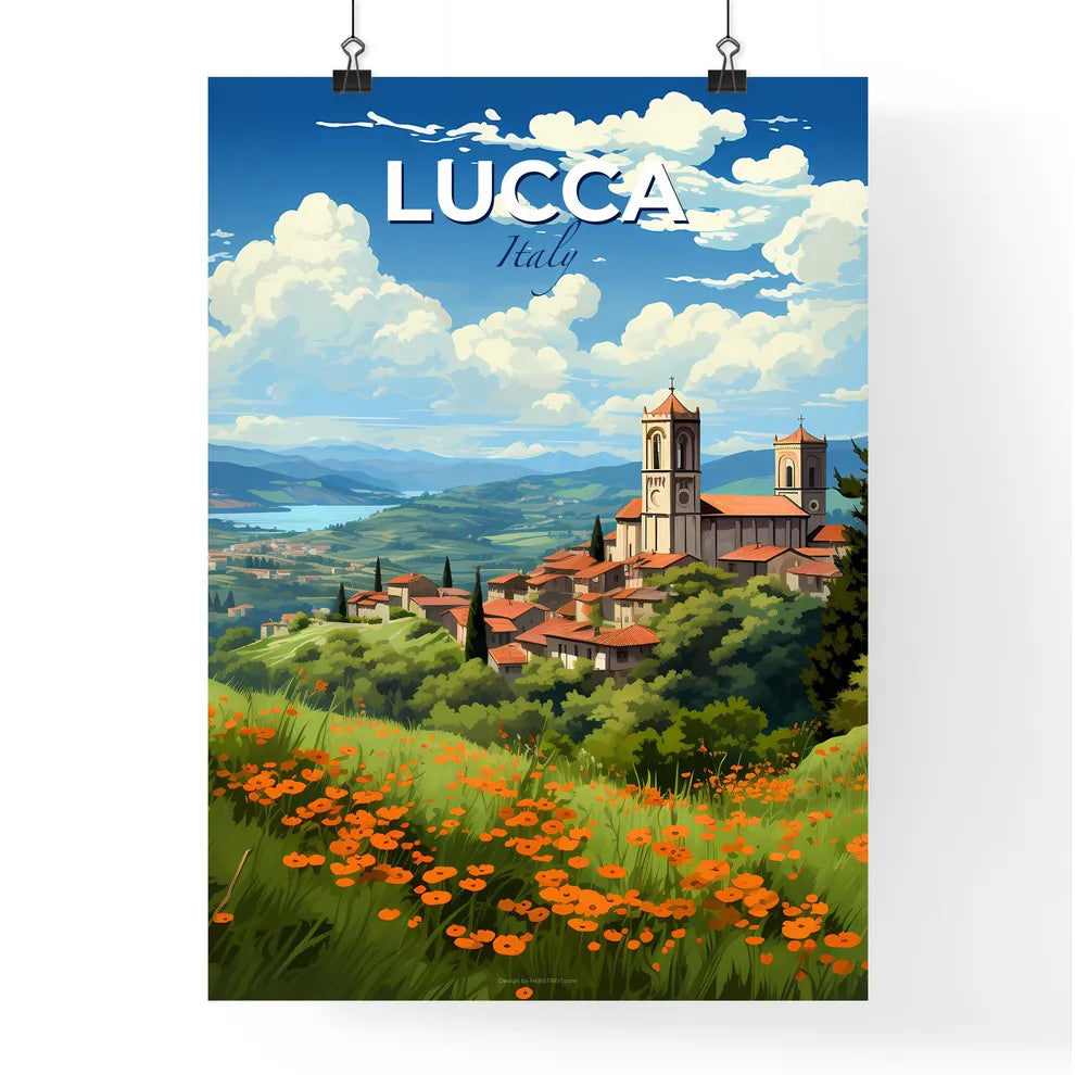 Lucca, Italy, A Poster of a landscape with a town and a river Default Title