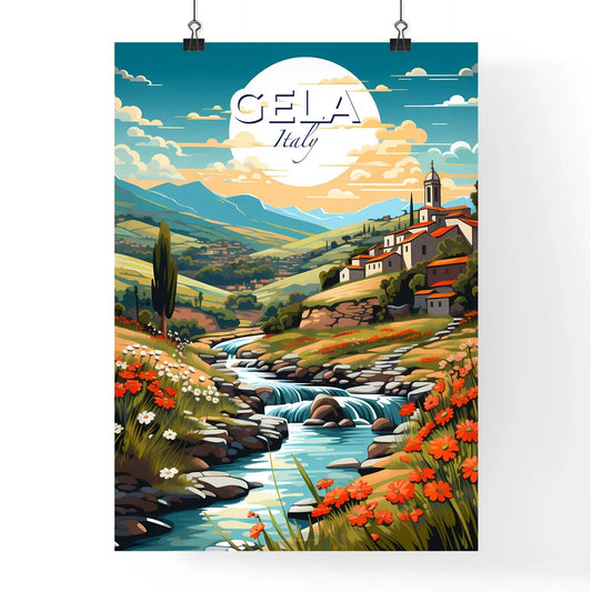 Gela, Italy, A Poster of a river running through a valley with flowers and a town on the side Default Title