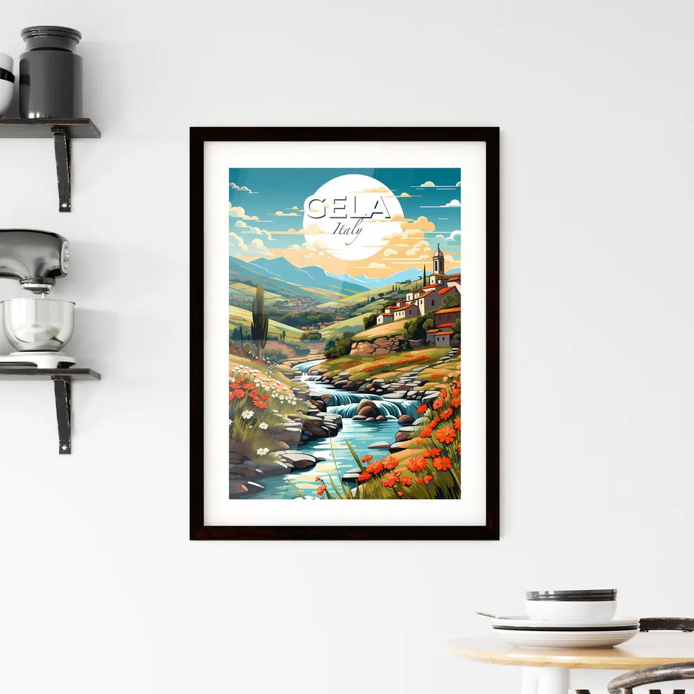 Gela, Italy, A Poster of a river running through a valley with flowers and a town on the side Default Title
