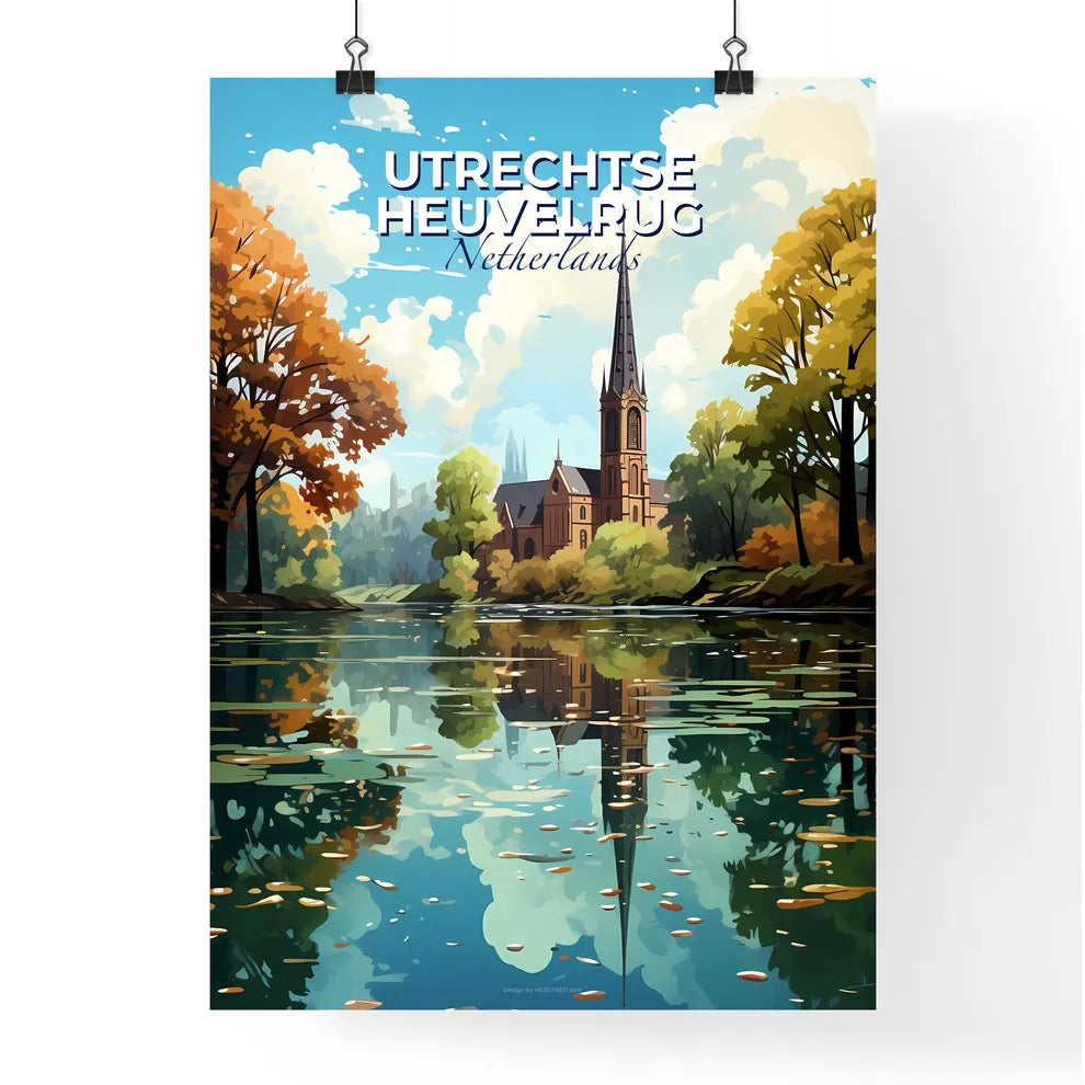Utrechtse Heuvelrug, Netherlands, A Poster of a church with a steeple and trees by a lake Default Title