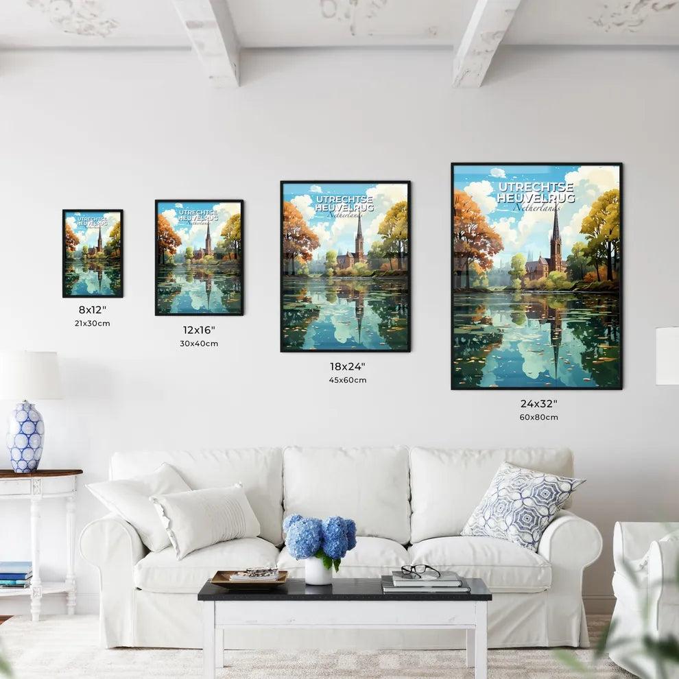 Utrechtse Heuvelrug, Netherlands, A Poster of a church with a steeple and trees by a lake Default Title