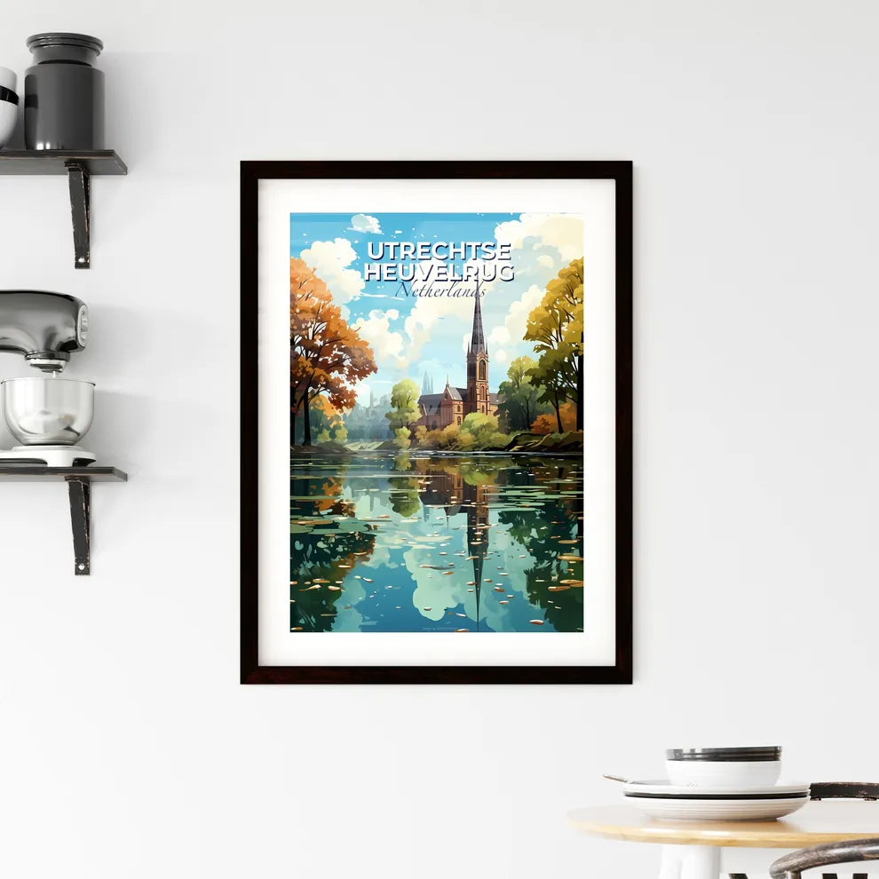 Utrechtse Heuvelrug, Netherlands, A Poster of a church with a steeple and trees by a lake Default Title