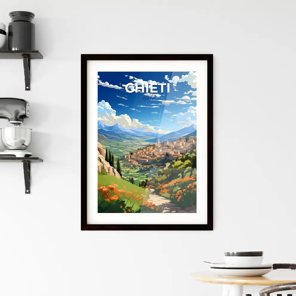 Chieti, Italy, A Poster of a landscape of a town with mountains and flowers Default Title
