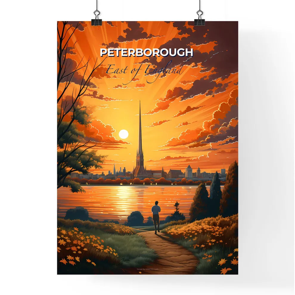 Peterborough, East of England, A Poster of a man walking on a path by a body of water with a tall spire Default Title