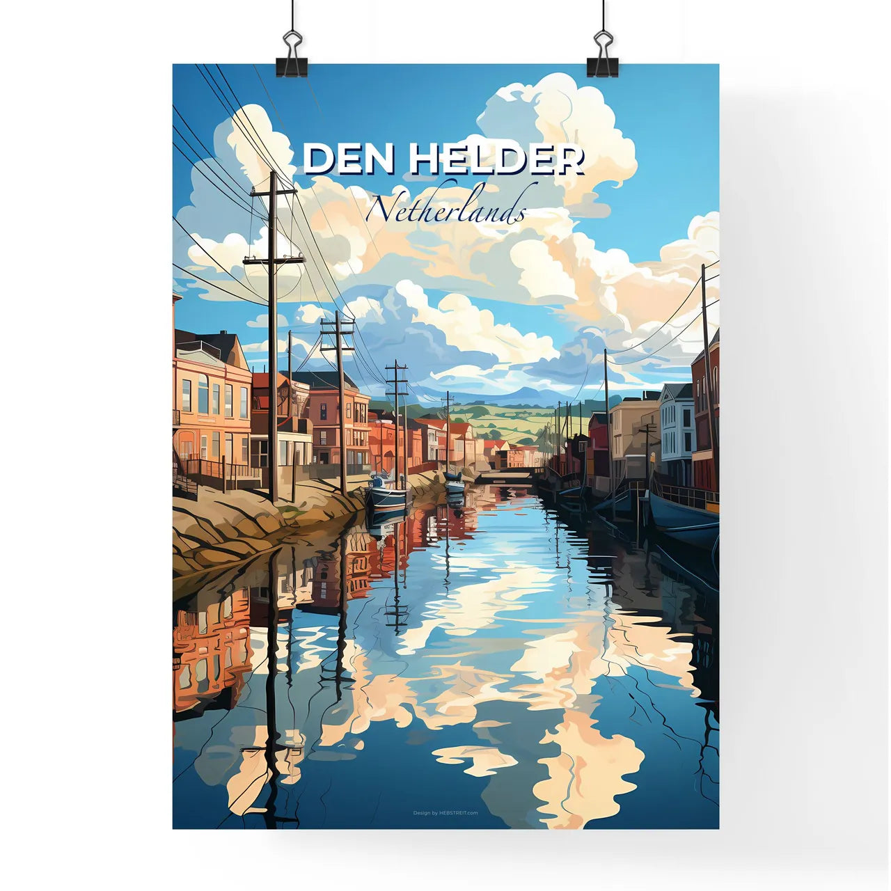 Den Helder, Netherlands, A Poster of a water canal with buildings and power lines Default Title