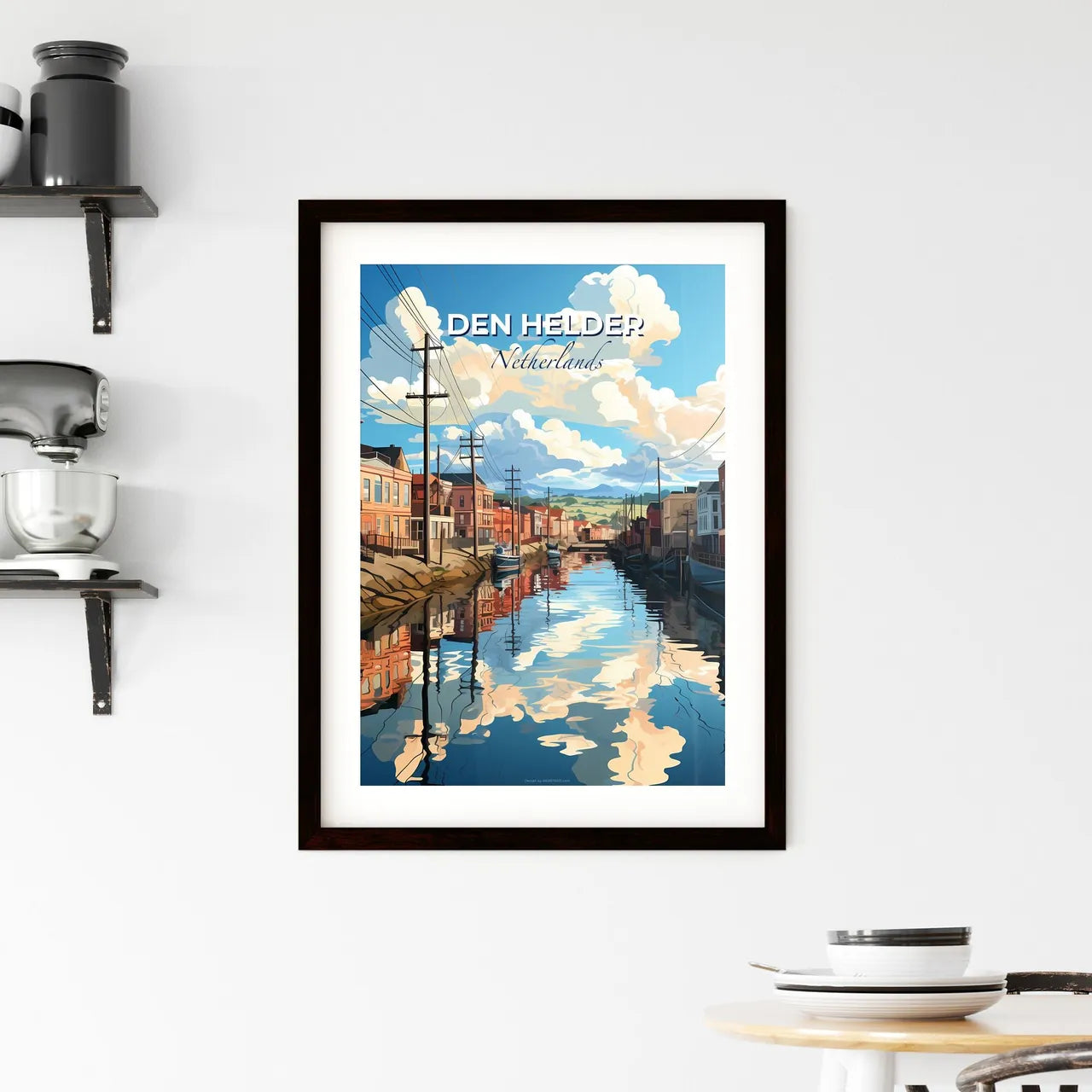 Den Helder, Netherlands, A Poster of a water canal with buildings and power lines Default Title