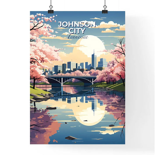 Johnson City, Tennessee, A Poster of a river with a bridge and trees with pink flowers Default Title