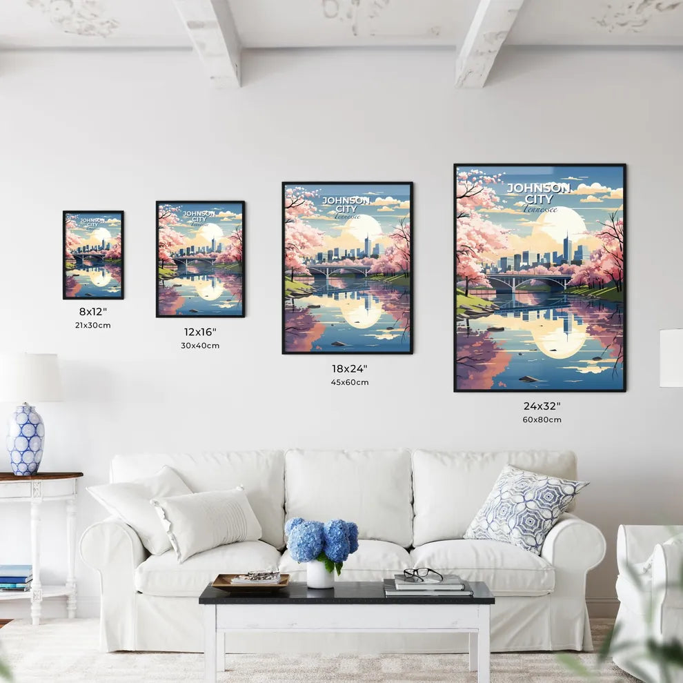Johnson City, Tennessee, A Poster of a river with a bridge and trees with pink flowers Default Title