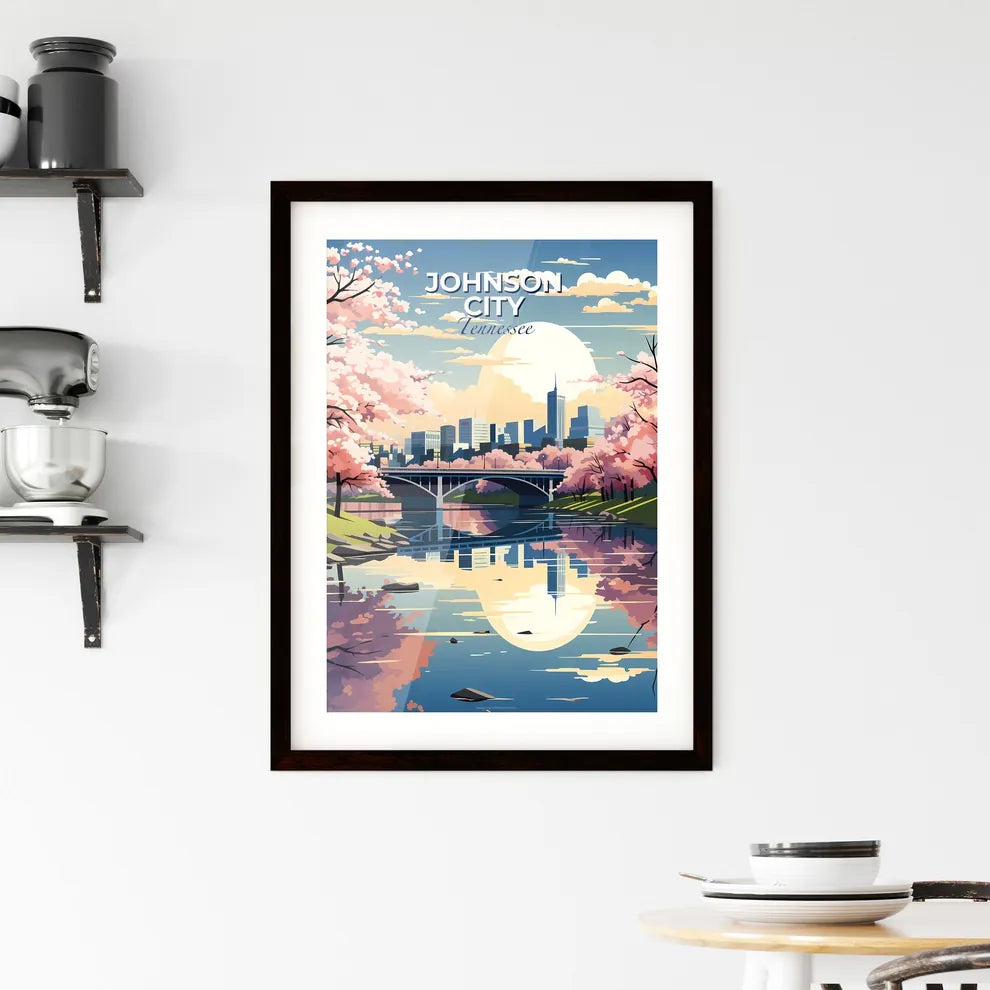 Johnson City, Tennessee, A Poster of a river with a bridge and trees with pink flowers Default Title