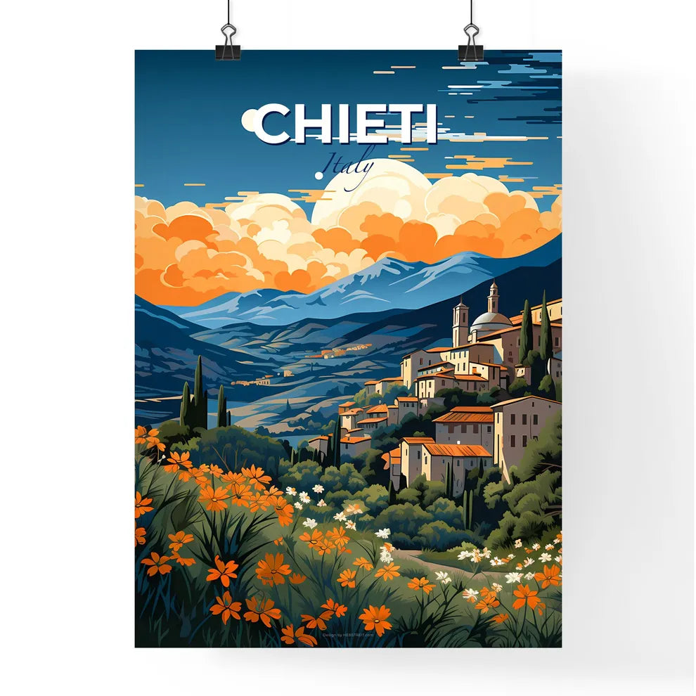 Chieti, Italy, A Poster of a painting of a town on a hill with flowers and mountains Default Title