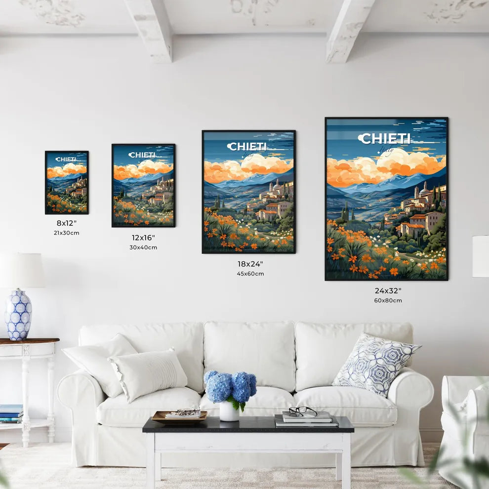 Chieti, Italy, A Poster of a painting of a town on a hill with flowers and mountains Default Title