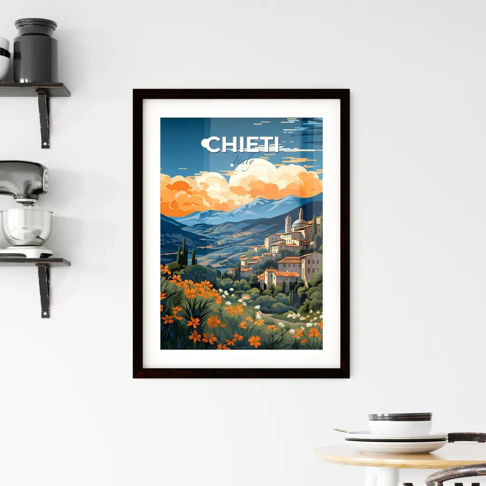 Chieti, Italy, A Poster of a painting of a town on a hill with flowers and mountains Default Title